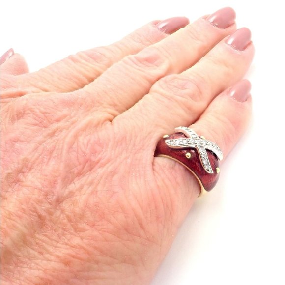 Authentic! Hidalgo 18k Yellow Gold Red Enamel X Diamond Ring Sz 5 - Picture 5 of 10